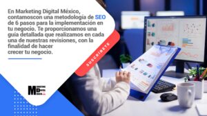 En Marketing Digital México, contamos con una metodología de SEO de 6 pasos para la implementación en tu negocio. Te proporcionamos una guía detallada que realizamos en cada una de nuestras revisiones, con la finalidad de hacer crecer tu negocio